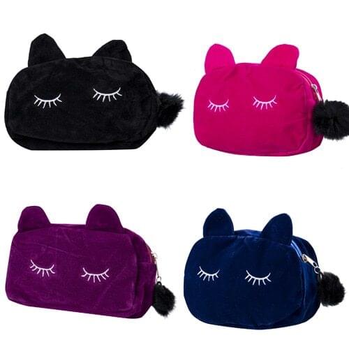 2020 New Cute Flannel Small Cosmetic Bags Women Makeup Cartoon Cat Storage Bags Travel Organizer Pen Pencil Pouch Bags