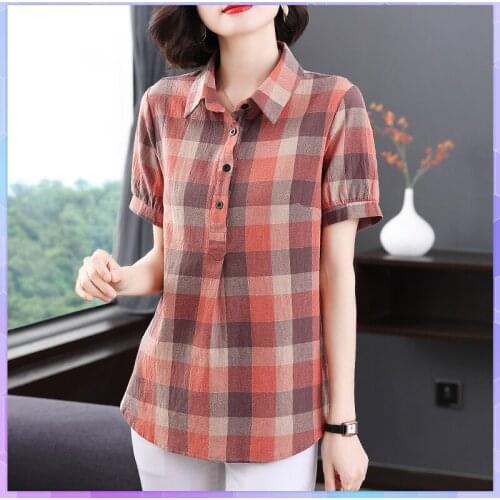 5XL Plus Size Vintage Plaid Tee Shirt Short-sleeved Oversized Cotton T-shirt Ladies Tops Summer 2021 Large Size Tshirt Femme Top