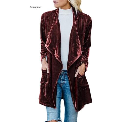 Womens Solid Color Long-Sleeved Velvet Jacket Cardigan Wool Coat with Pockets Loose Coat