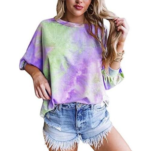 Three Quarter Sleeve Tops Women Casual Loose O Neck Tie Dye Streetwear T Shirt Summer Mid Length Ladies Tee Shirts