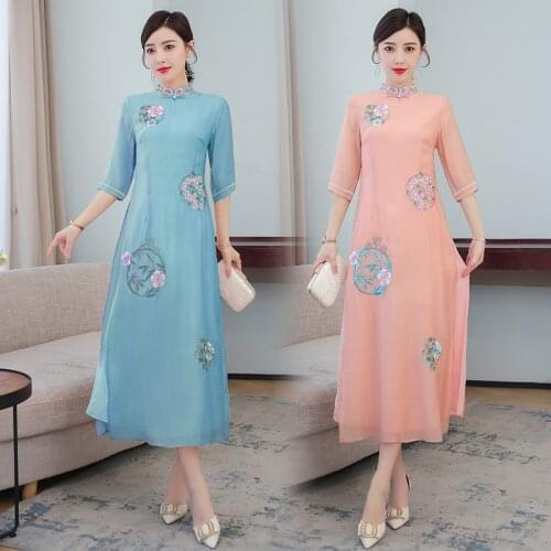 Chinese Style Vintage Floral Embroidery Improved Cheongsam Women Summer Stand Collar Plus Size Slim Midi Dress Female Qipao