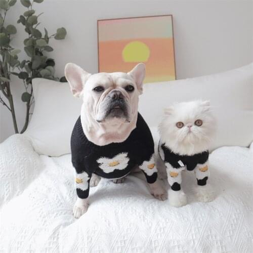 Black Flower Winter Dog Sweater Knitted Cotton Dog Clothes for French Bulldog Chihuahua Costume Puppy Clothing Pet Accessories