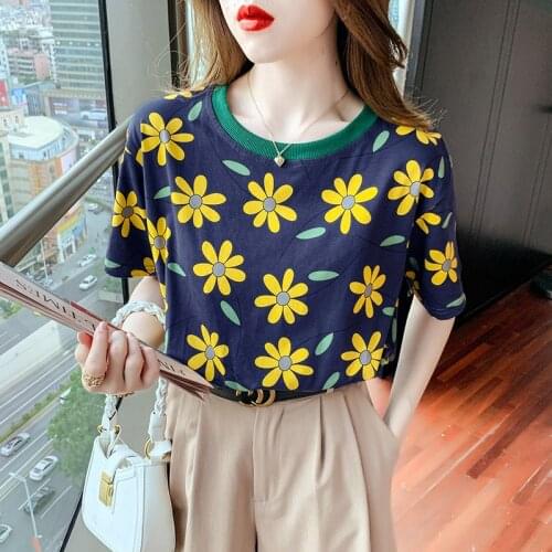 2021 Top Fashion 20630 (room 4, Row 2, No.1) Non Real Net Red Picture Round Collar Petal Short Sleeve Knitted T-shirt 29