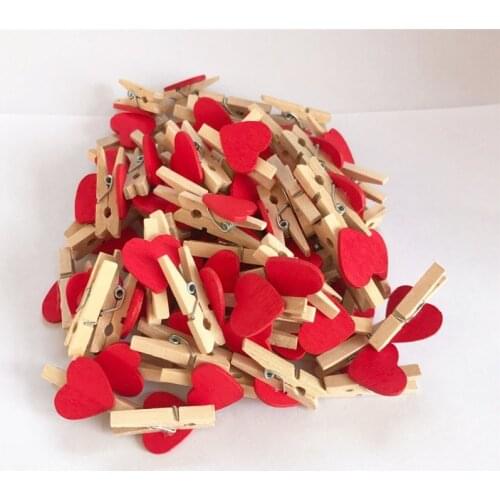 50pcs/lot Red Heart Love Wooden Clothes Photo Paper Peg Pin Mini Clothespin Postcard Clips Home Wedding Decoration Stationery