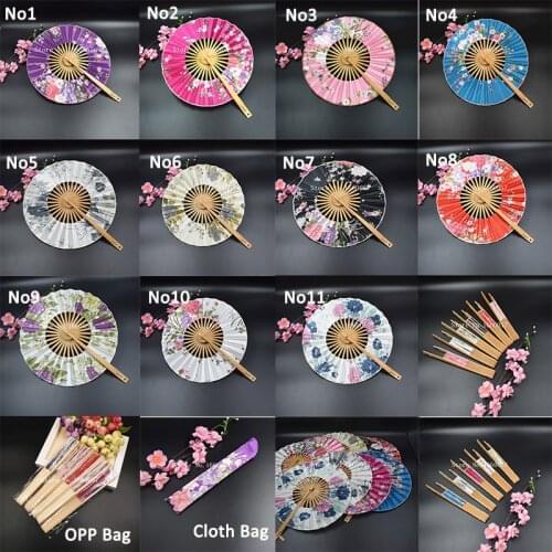 50pcs Wedding Favors Cherry Flower 360 Round Foldable Hand Fan Beautidul Sakura Cloth Portable Craft Fan+DHL Free Shipping