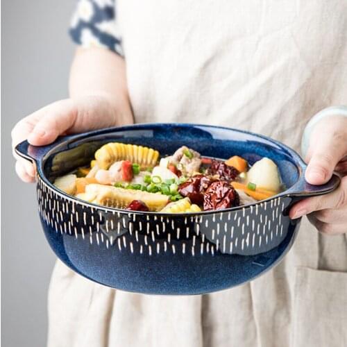 Large soup bowl household anti-scalding handle ceramic bowl noodle bowl Nordic deep bowl double ear large bowl tableware