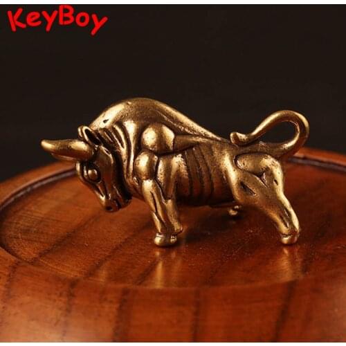Retro Brass Zodiac Wall Street Bull Lucky Pendant Necklace Pure Copper Animal Bull Car Keychain Hanging Trinket Birthday Gifts