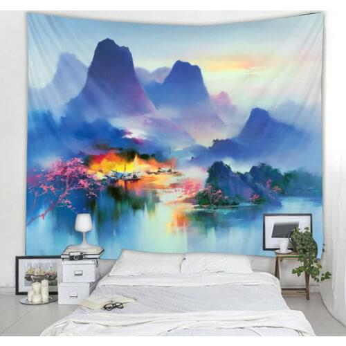 Chinese Ink Painting Style Tapestry Art Deco Blanket Curtain Can Hang Home Bedroom Living Room Decoration Polyester