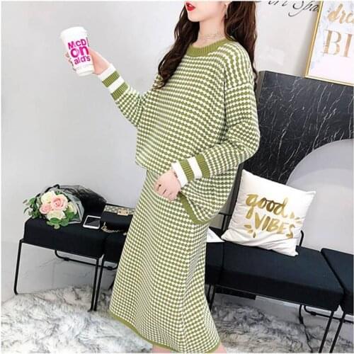 JuneLove Autumn Women Plaid Knitted Pullover Vintage Office Lady Two Piece Set Sweater Female Fashion Jumper Sweater Sets Tops