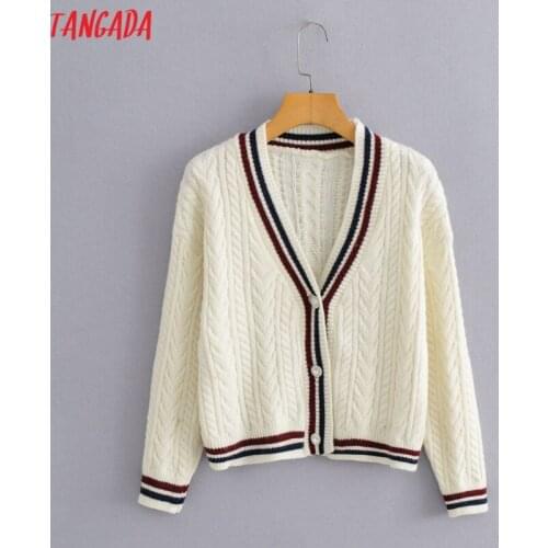 Tangada 2021 Autumn Winter Women Beading Buttons Knitted Cardigan Sweater Jumper Vintage Long Sleeve Button-up tops BC39