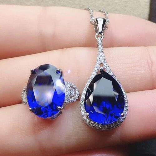 Classical blue crystal sapphire gemstones diamond pendant necklaces for women white gold silver color bijoux party jewelry gifts