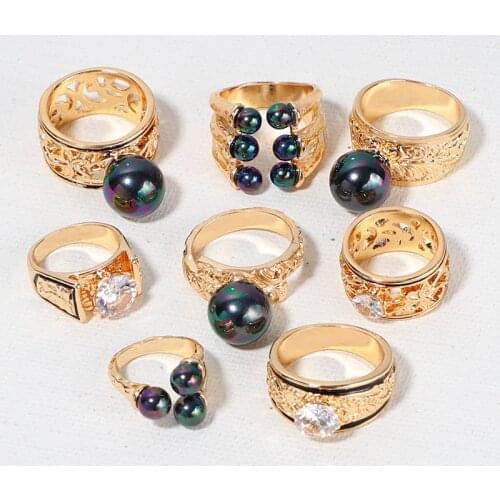 KOMi Hawaii Samoa Marshall Polynesian Style Finger Rings for Women Men Rhinestone Pearl Gold Couple Ring US SIZE 6-8-10-12 K6605