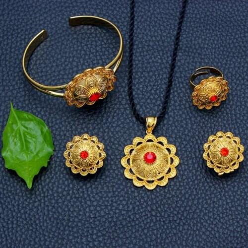 Ethiopian Pendant Necklace/Bangle/Earrings/Ring Set Jewelry Gold Color African Eritrea Bridal Wedding Women/Girl