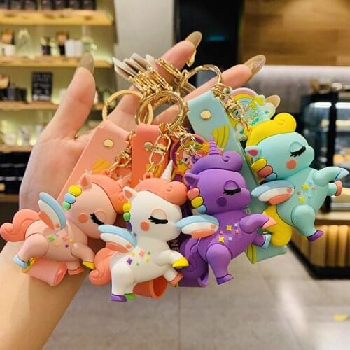 Creative Cute Epoxy Anime Keychain Cartoon Rainbow Flying Unicorn Keyring Women Couple Car Backpack Key Chains Gifts