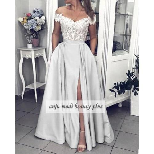 2021 Lace Satin Off Shoulder Prom Dresses Sleeveless A Line High Split Side Formal Evening Party Gowns Robe De Soiree