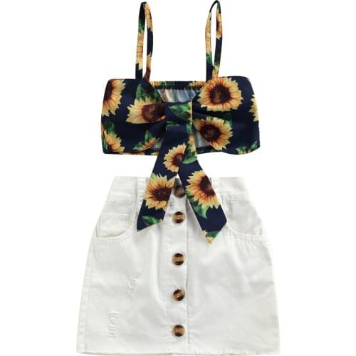 Fashionable Baby Girls Sunflower Bow Camisole Pocket Skirt Bandage Button Decoration Cute Navel Summer Cotton Clothing