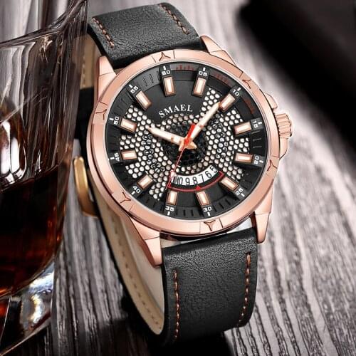 SMAEL Mens Luxury Brand Watches Leather Strap Casual Waterproof Quartz Watch Men Calendar Sport Wristwatch Relogio Masculino