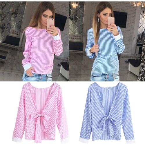 2017 Novelty Striped TShirts Women Sexy Bowknot Backless Shirts Long Sleeve O neck Tees Women Bandage Tops Female