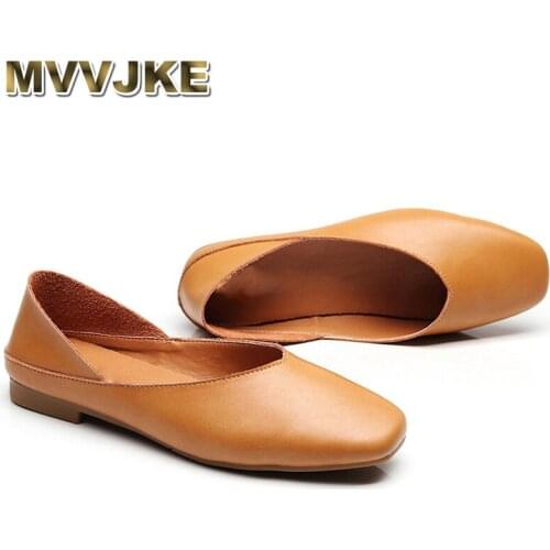 MVVJKE 2019 New Summer Handmade Retro Genuine Leather Square Toe Shallow Soft Sole Slip-on