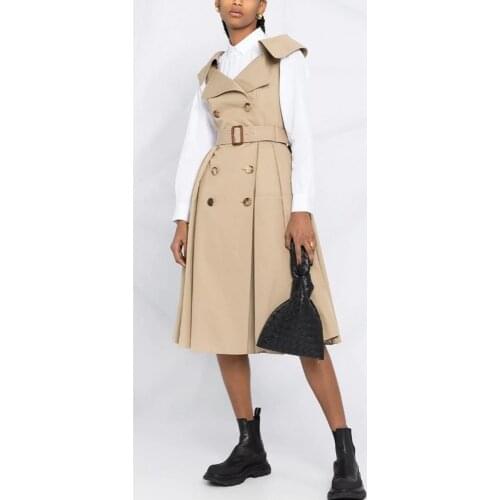 Sleeveless Trench Dress Spring Summer Autumn New Turn Down Collar With Sashes Women Dresses Fashion British Style Khaki Dress