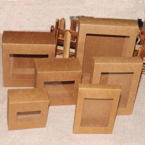 20 Pcs DIY Vintage color Kraft paper gift box package with clear pvc window box candy favors arts&krafts display packaging box