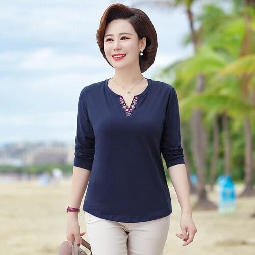 Casual Slim Women Long Sleeve Tops Spring Autumn Pullover T-Shirts Middle Age Mother Stretch Plus Size 5XL Tee Shirts Femme
