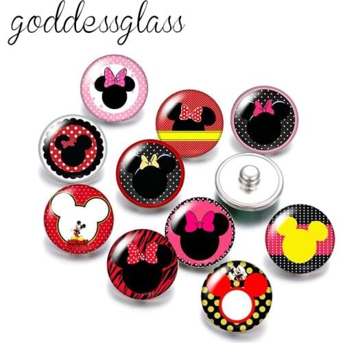 Disney Cute Minnie Face Pink Bow 10pcs Round photo glass cabochon 18mm snap buttons for 18mm snap bracelets jewelry wholesale