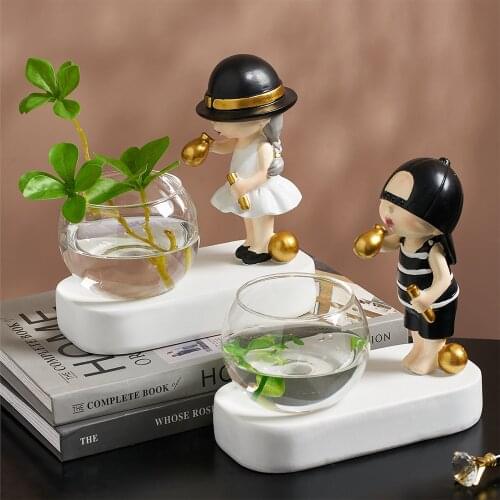 Nordic Glass Hydroponic Vase Cute Child Figurines Glass Vase with Light Living Room Decoration Flower Vases for Homes Crafts