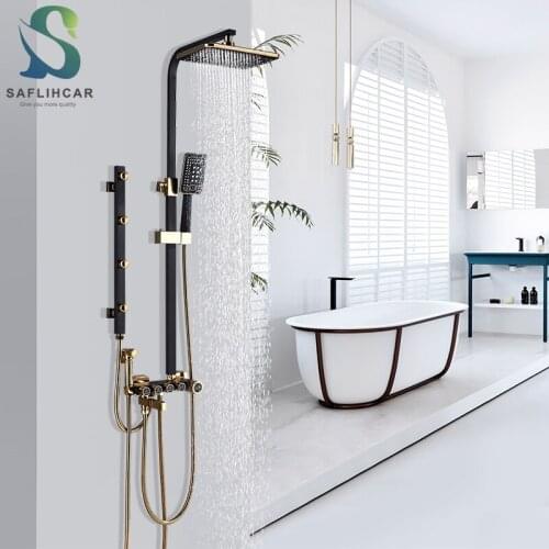 Black and Gold Bathroom Shower Faucet Massage Shower Set Rainy Mixer Tap Wall-mounted Shower Faucet With Hand Shower