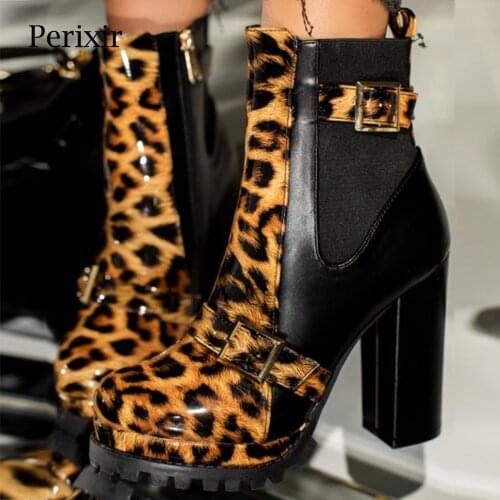 Perixir Women Shoes New fashion Leopard Print Sexy Heeled Platform Ankle Boots Zipper Bukle High Heel Women boots Lady Shoes