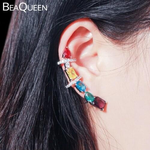 BeaQueen Geometric Multicolor CZ Stones Ear Cuff Long Stud Earrings Blue Green Red Cubic Zirconia Women Fashion Jewelry E339