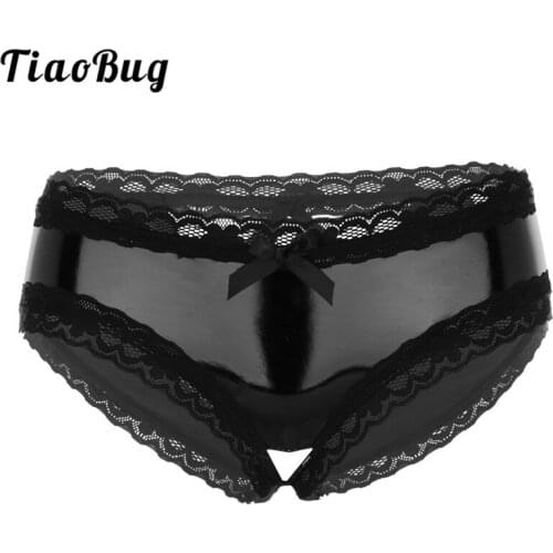 TiaoBug Women Open Crotch Panties Black Wet Look Patent Leather Lace Mini Briefs Female Sexy Underwear Porno Crotchless Lingerie