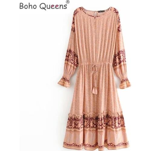 Boho Queens women peacock Floral print tassel beach Bohemian maxi dress Ladies tie neck happie rayon dress vestidos