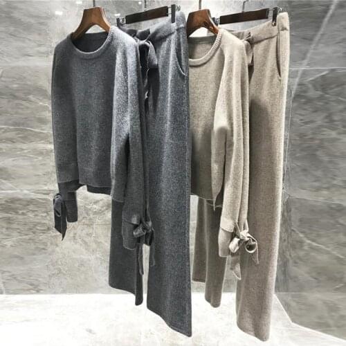Women Sets High quality Wool knitted Two Piece Set Cashmere Loose Sweater Pullover Elastic Wiast Pants Suit Women Tracksuit 677G