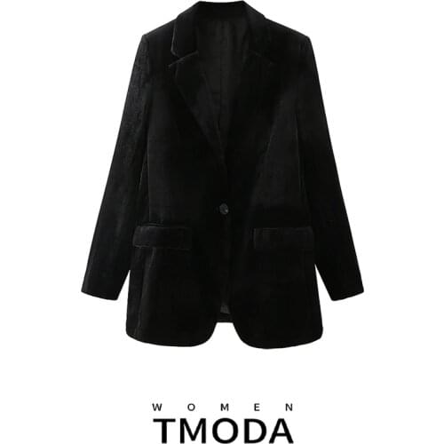 TMODA356 One Button Velvet Women Coat Autumn Winter Black Large Size OL Office Dark Green Blazers and Jackets Mujer 2021
