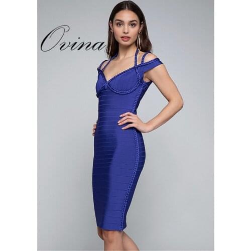 Blue Pink Solid Halter Braid Strap Knee Length Bodycon Bandage Women Dress Night Party Dress