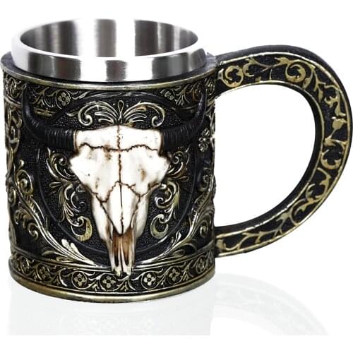1Pcs Creative Skull Mug 450ml 15oz Viking Ram Horned Pit Lord Warrior Beer Stein Tankard Coffee Mug Tea Cup Halloween Bar Gift