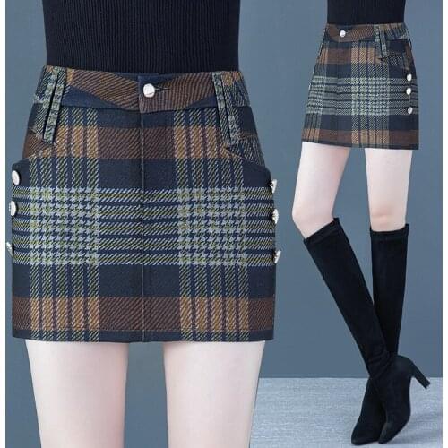 2021 Autumn Winter Woolen Shorts Skirt Women Casual High Waist Zipper Plaid Shorts Skirts Female Skinny A-Line Shorts Plus Size