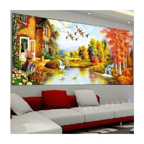 3D diy DMC cross stitch silk cotton thread scenery needlework rustic landscape painting HD printed canvas embroidery kits