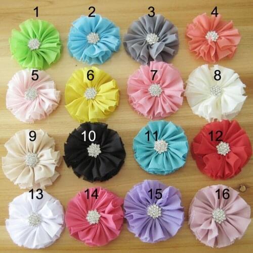 40 PCS/LOT , 2.5 " DIY Chiffon Frayed Fabric Flowers Rhinestone Center Flat Back Hair Accessory