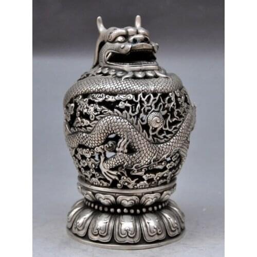 7.28 inch / Chinas ancient hand-carved Tibet silver lotus same incense burner