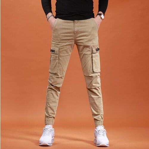 Men Casual Khaki Cargo Pants Fashion Pocket Letter Embroidery Cotton Trousers