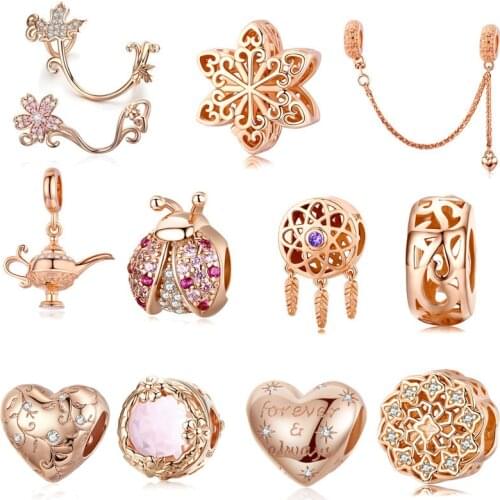 INBEAUT Rose Gold Pink CZ Maple Leaf Beads fit Brand Bracelet diy 925 Sterling Silver Dream Cather Beetle Feather Heart Charms