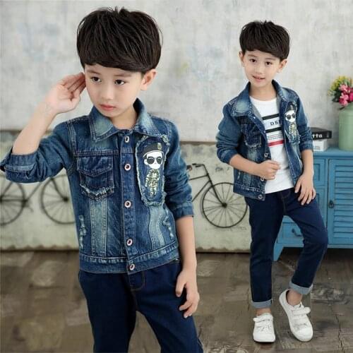 3 to 13Yrs Baby Boys Hole Denim Jackets Coats 2019 Autumn Children Outwear Coat Sequins Cartoon Design Clothes Kids Denim Jacket