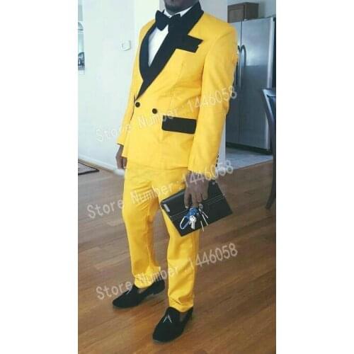 2019 Tailored Formal Yellow Suit Men Groom Tuxedo Slim Fit 2 Piece Double Breasted Blazer Prom Wedding Suits Terno Jacket+Pant
