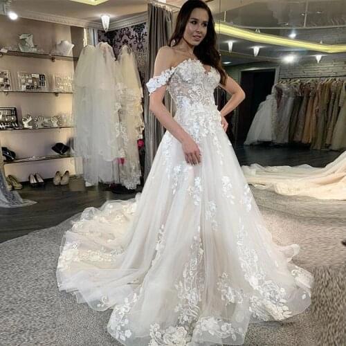Off Shoulder Applique Lace Flower See Through Casual Wedding Dresses Dark Champagne Bridal Dress with Chapel Train