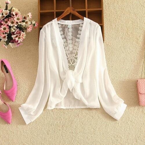 2021 Summer Korean Backless Lace Chiffon Sunscreen Shirt Hollow Out Long Sleeve Air-conditioned Shirt with Small Shawl New 15862