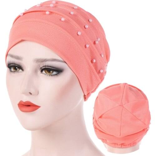 Fashion Elegant Ladies Beaded Muslim Inner Hijabs Solid Cotton Turban For Woman Islamic Headdress Bonnet Arab Wrap Hijab Caps