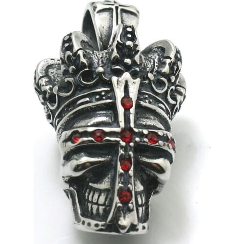 Mens 316L Stainless Steel Cool Heavy Red Stone Cross King Skull Pendant