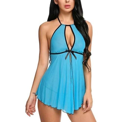 2021 New Arrival Ultra-thin Sexy Mesh Slim Straps Suits For Women Solid Color Bow Mesh Perspective Nightdress And Thong 2Pcs Set
